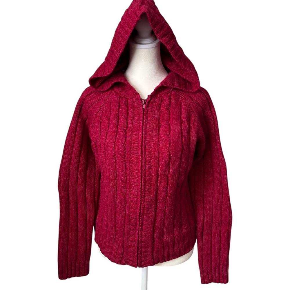 Carraig Donn Shetland Wool Hooded Cableknit Zip Front Cardigan Medium Aran